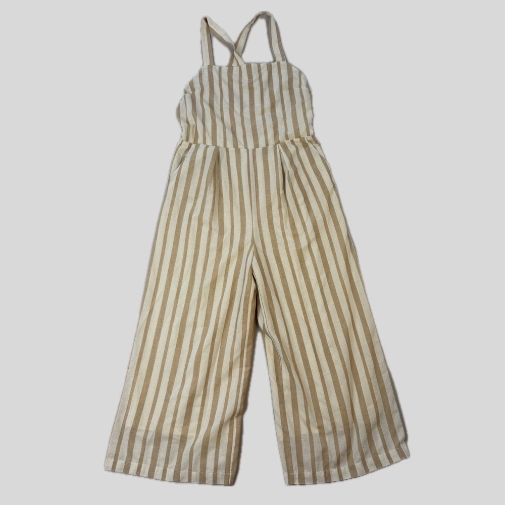Chriselle x J.O.A. Tan Cream Striped Wide Leg Jumpsuit XL Sleeveless Cross Back